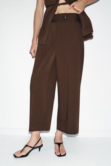 Zara HIGH-WAISTED STRAIGHT LEG PANTS - Brown