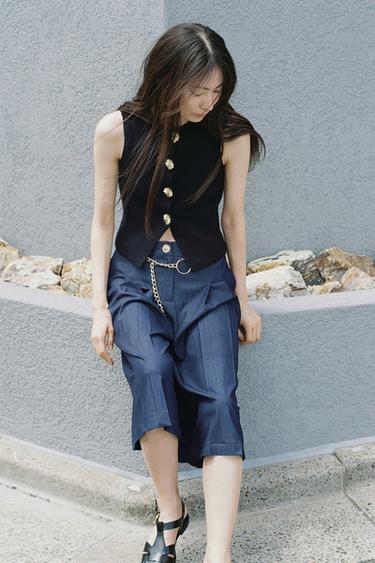 Zara 金色鈕扣針織上衣 - 藍色