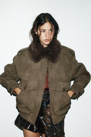 جاكيت جلد سويد اصطناعي بياقة قابلة للفك - كاكي الخاص بـ Zara