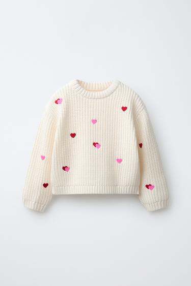 KNIT JUMPER WITH EMBROIDERED HEARTS - Ecru by Zara