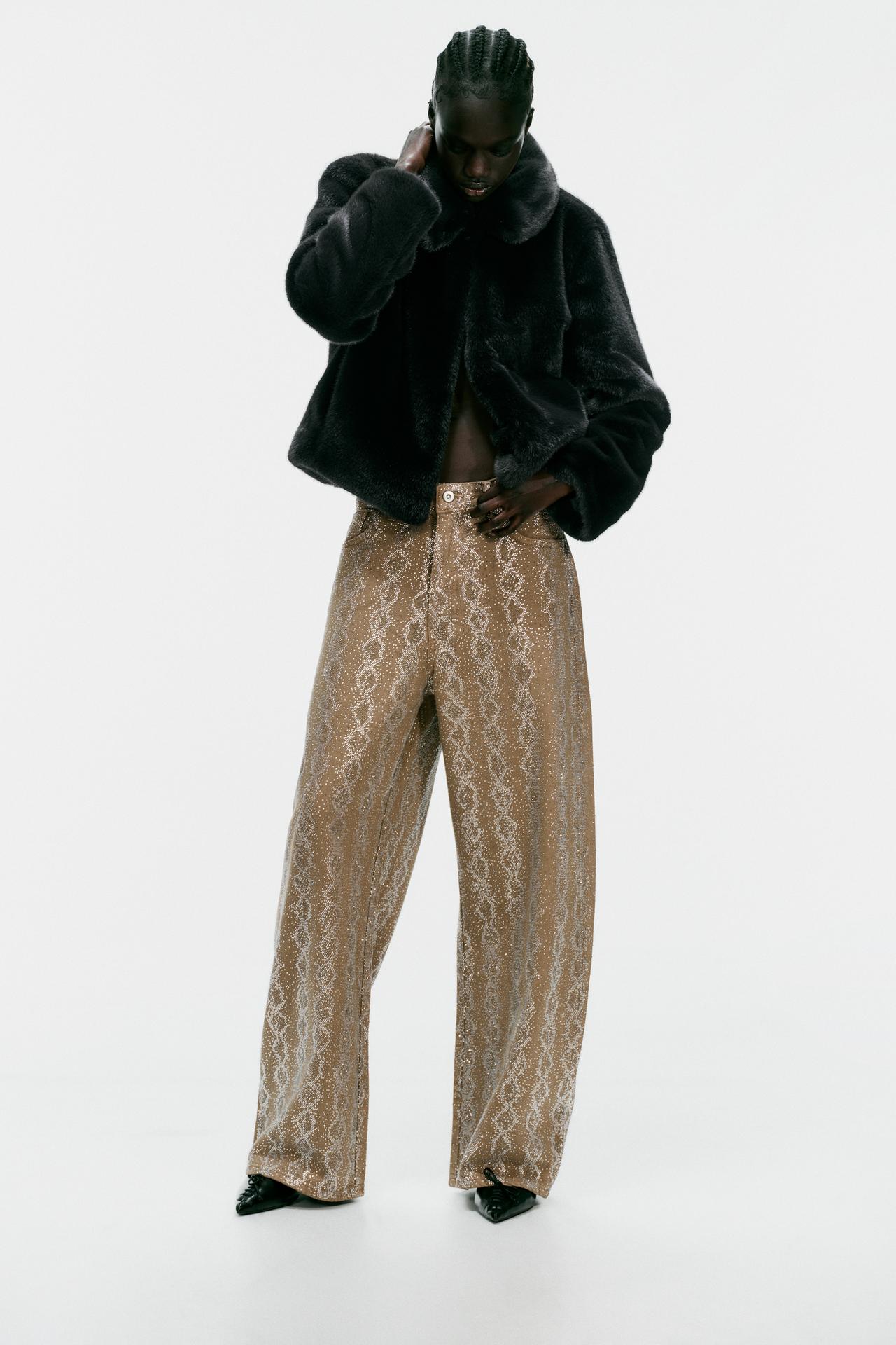 MID-RISE ANIMAL PRINT SPARKLE BAGGY TRF JEANS — Light khaki