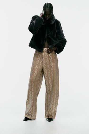MID-RISE ANIMAL PRINT SPARKLE BAGGY TRF JEANS — Light khaki 1