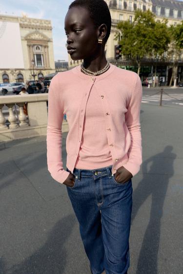 CHAQUETA PUNTO BOTONES FLOR - Rosa medio de Zara
