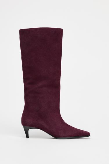SUEDE KITTEN HEEL ANKLE BOOTS - Burgundy Red by Zara