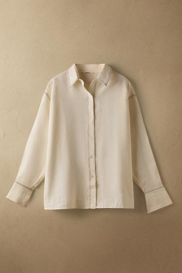 LINEN SHIRT WITH TOPSTITCHING - Ecru by Zara - Image 5