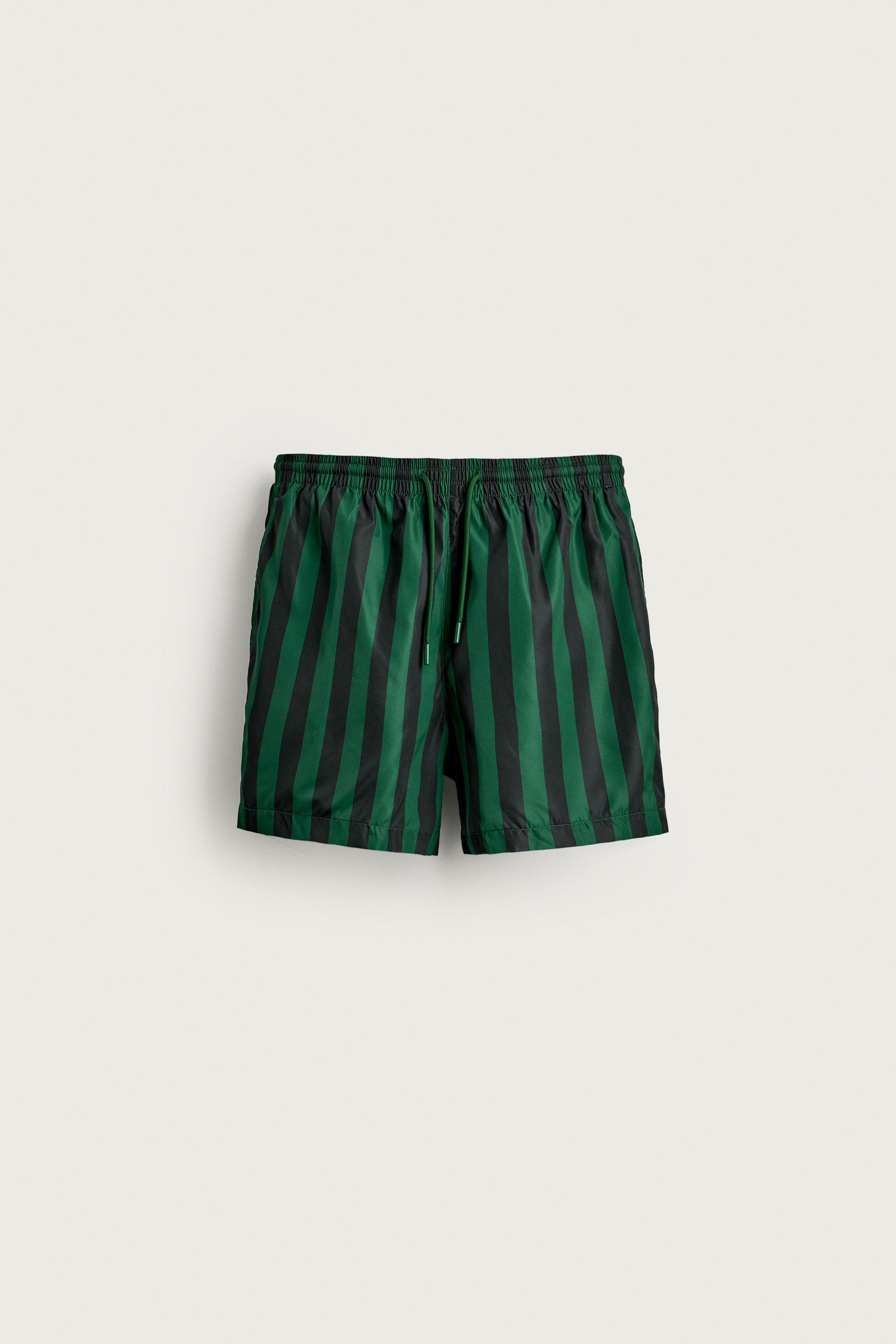 STRIPED MID-LENGTH SWIM TRUNKS — Green