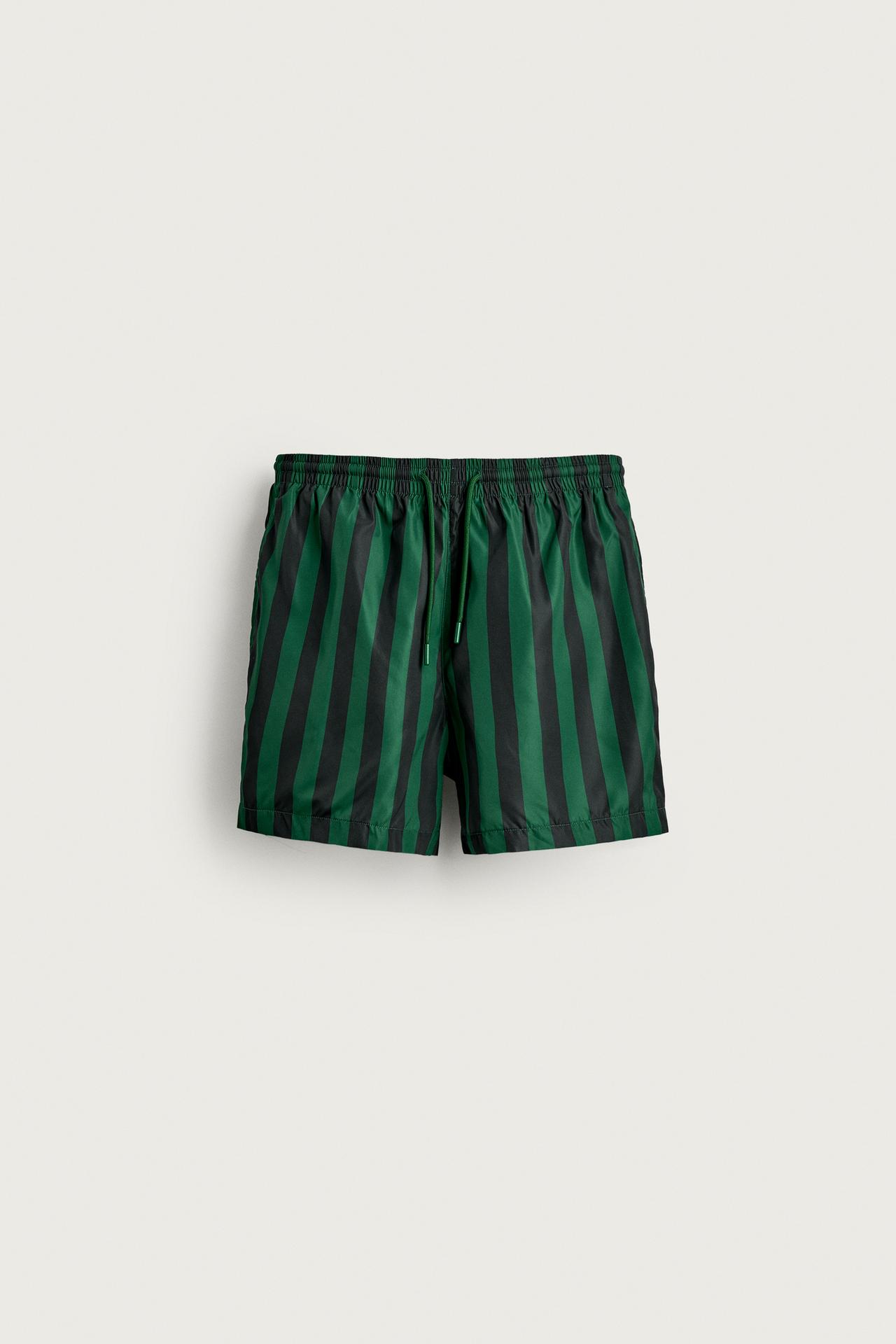 STRIPED MID-LENGTH SWIM SHORTS — Green