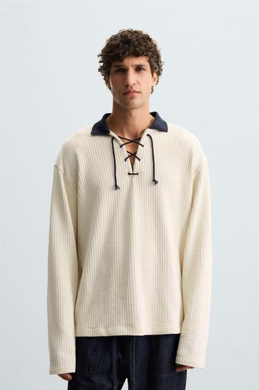 Zara DRAWSTRING TEXTURED SWEATSHIRT - Ecru