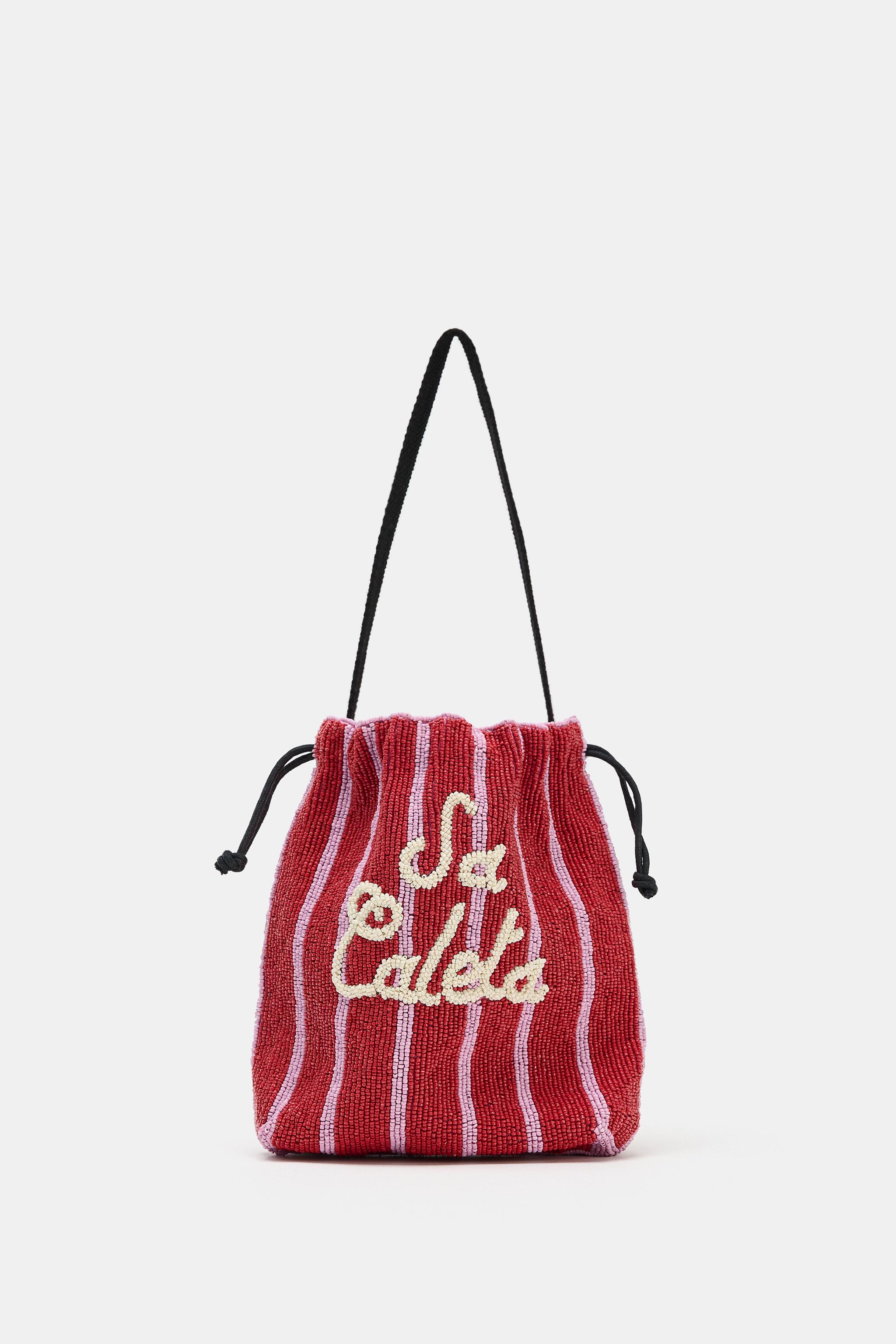 BEADED BUCKET BAG — Red