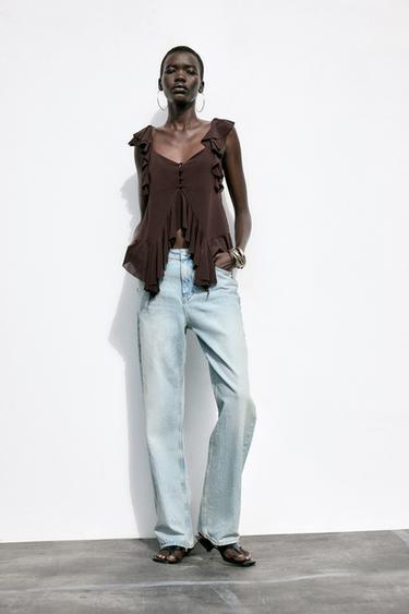Zara RUFFLED STRAPPY TOP - Dark brown - Image 0