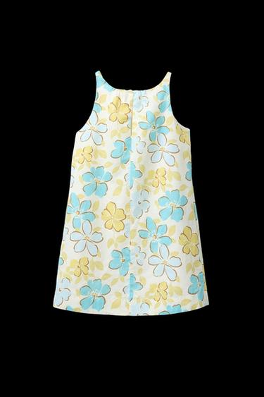 KLEID MIT BLUMEN AUS BAUMWOLLE UND LEINEN - Türkis von Zara