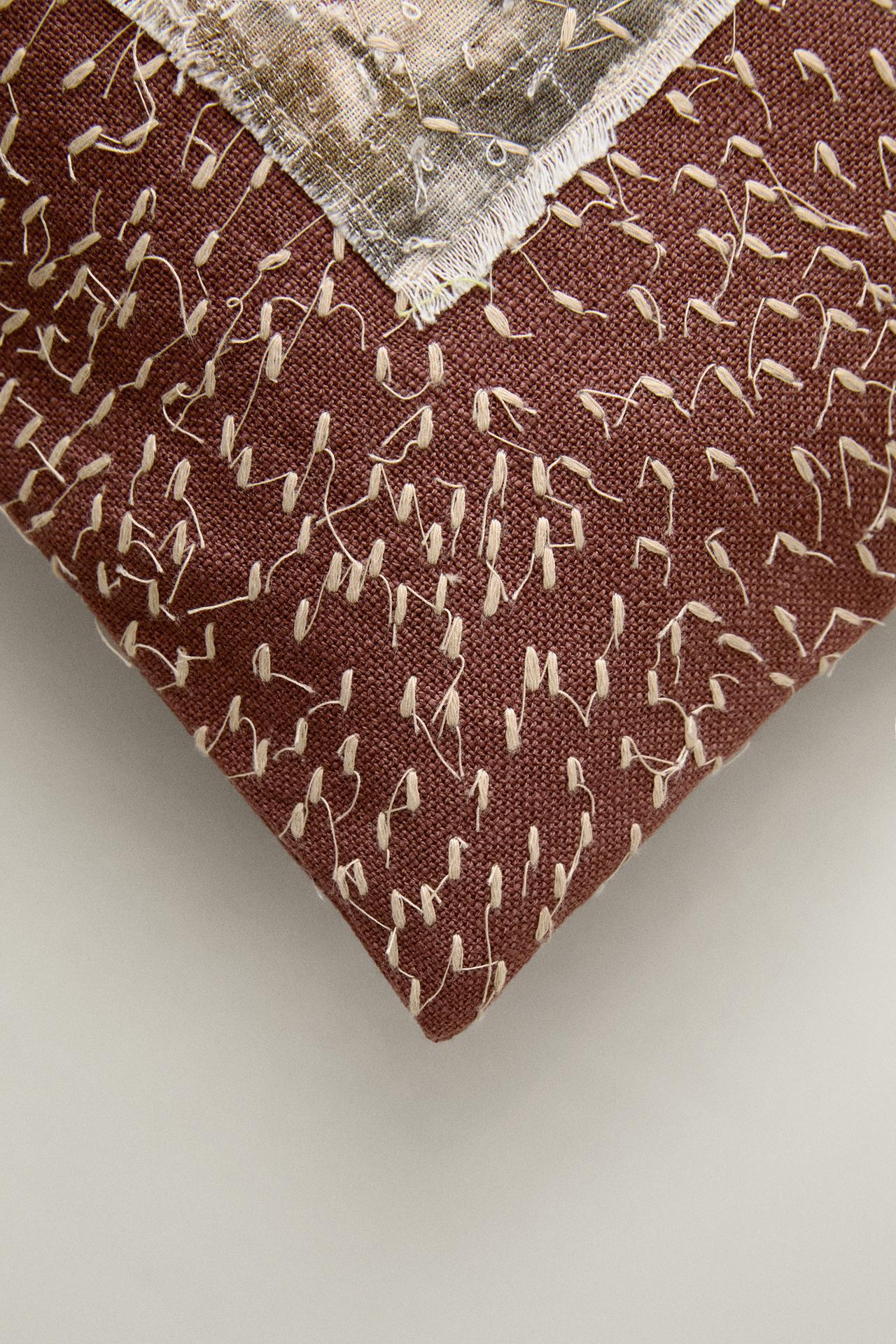CUSHION COVER WITH APPLIQUÉ AND STITCHING — Brown