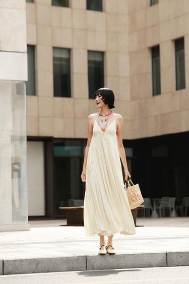 Zara 緞面縮褶長版洋裝 - 淺黃色