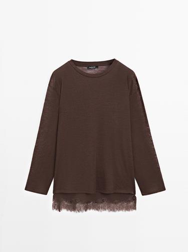 Zara Long sleeve T-shirt with lace detail - Brown