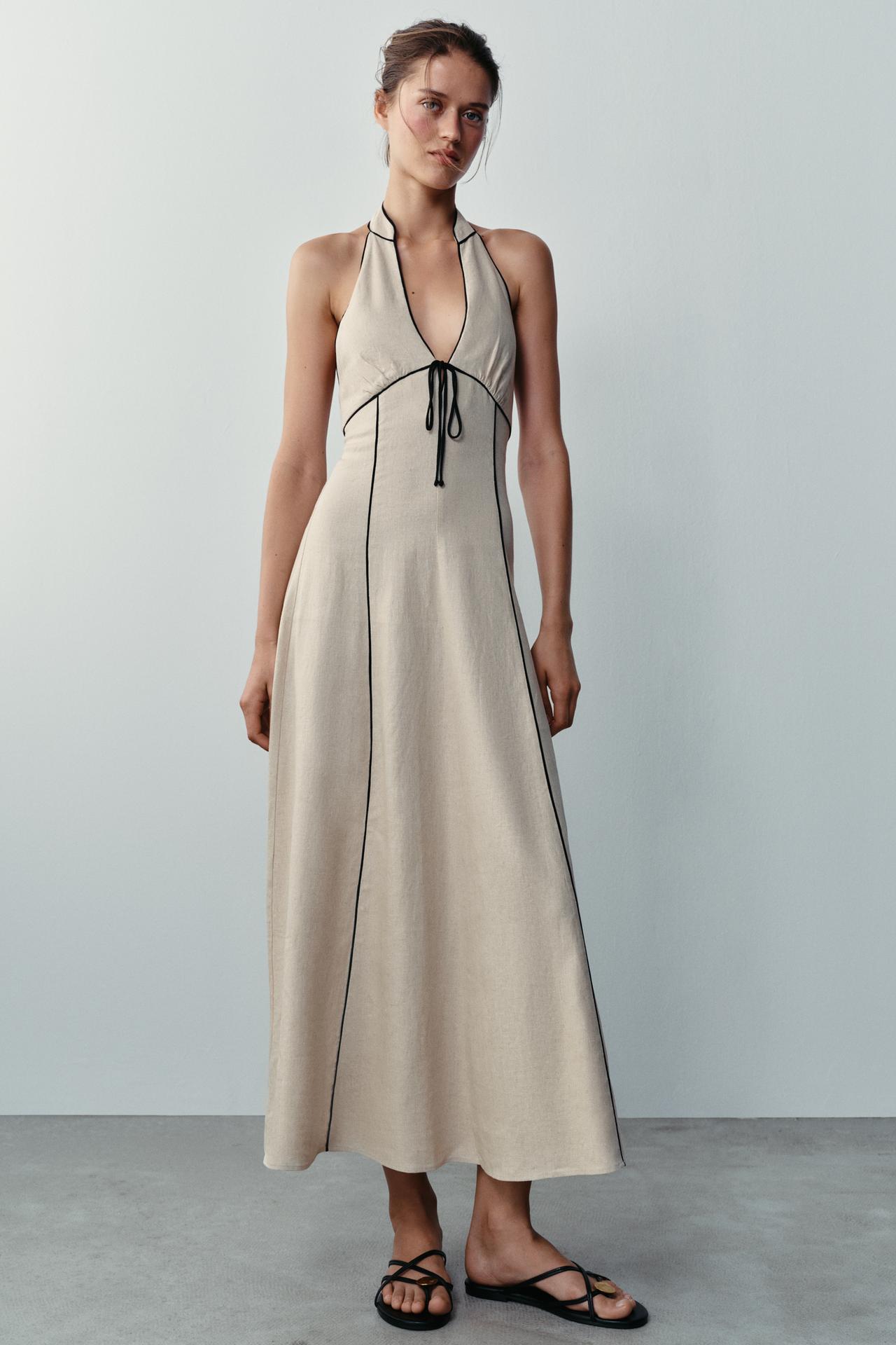 Платье из смесового льна с контрастной отделкой