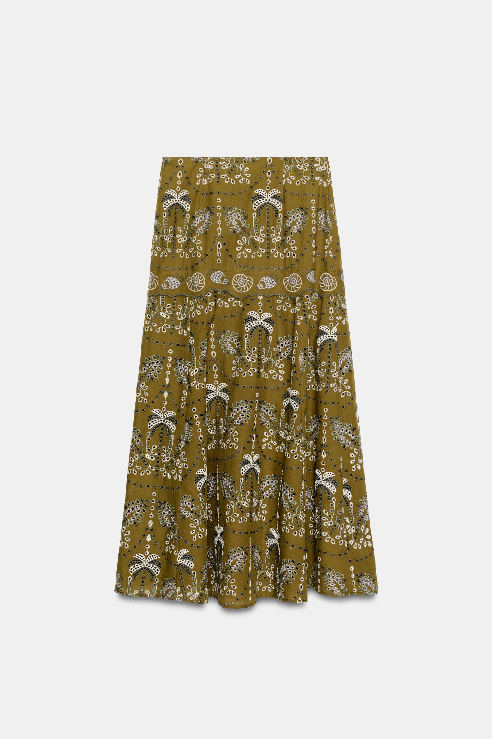 Женские юбки Zara EMBROIDERED EYELET MIDI SKIRT — фото 7
