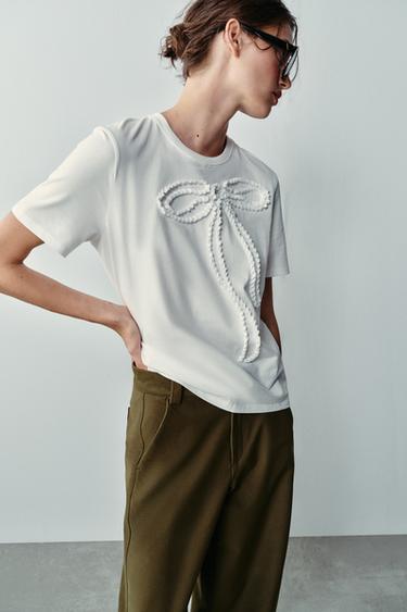 BOW DETAIL T-SHIRT - Oyster-white by Zara
