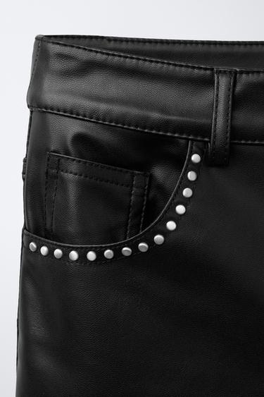 Zara FAUX LEATHER FLARE PANTS WITH STUDS - Black