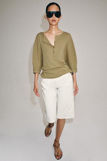 COTTON HENLEY COLLAR T-SHIRT - Khaki by Zara - Image 0