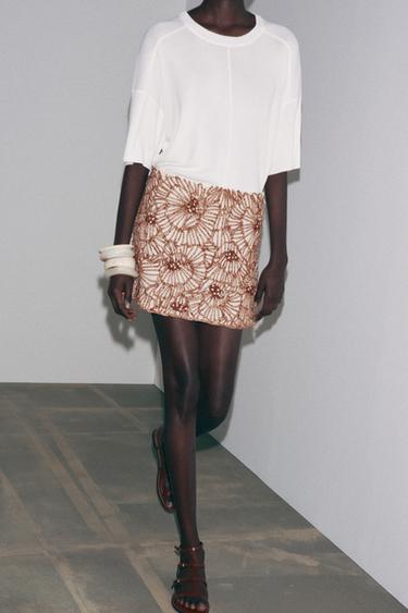 ZW COLLECTION FLORAL EMBROIDERY MINI SKIRT - Ecru / Brown by Zara - Image 5