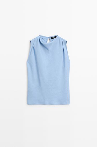 Zara Flowing linen blend pleated top - Sky blue - Image 0