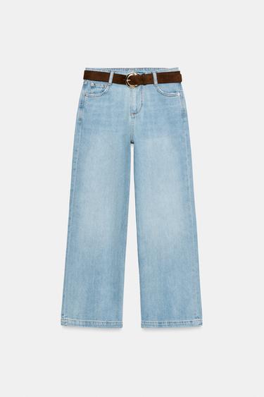 HIGH-WAIST WIDE-LEG CROPPED JEANS WITH BELT - Light blue by Zara