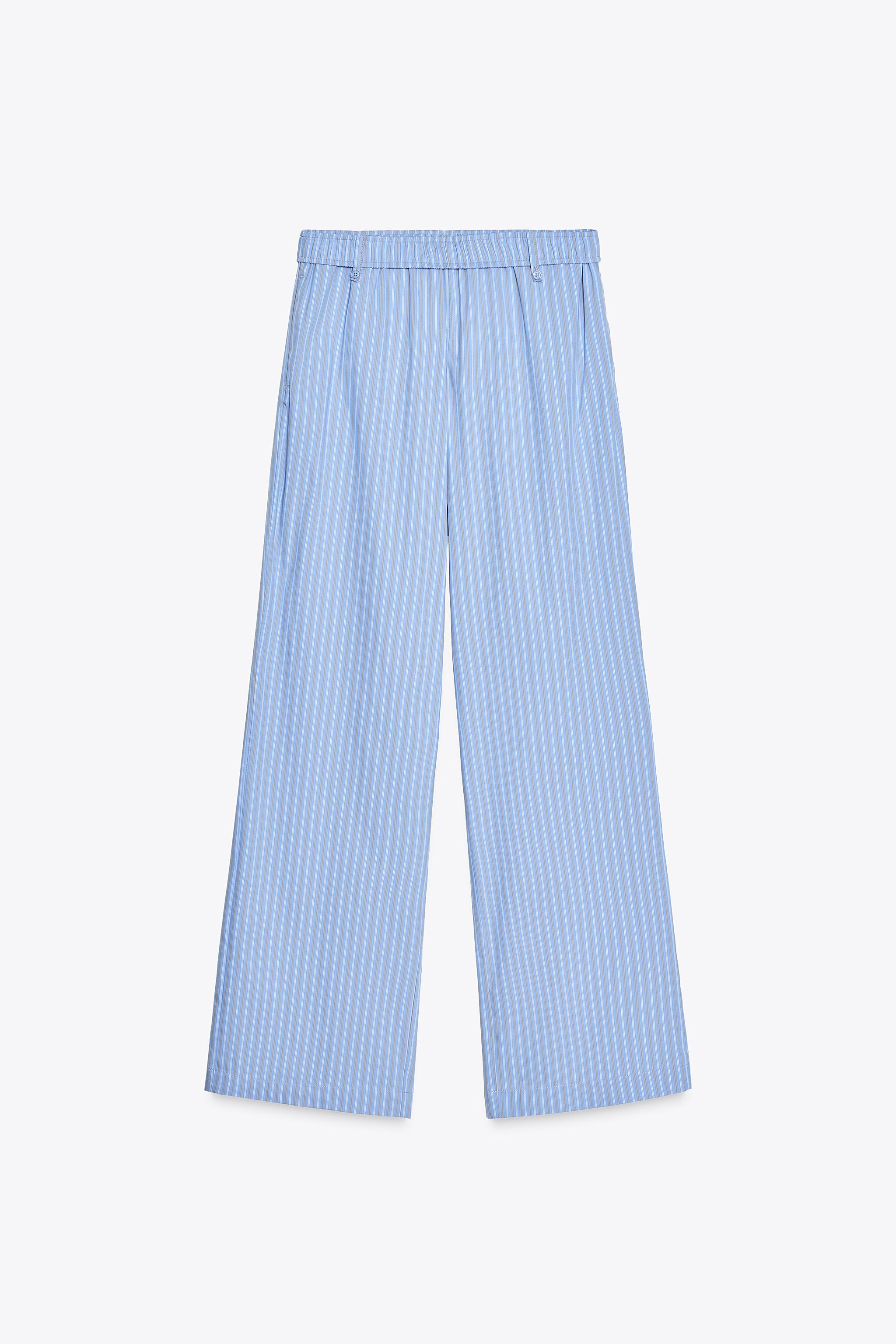 スペイン発送 ZARA ストライプパジャマパンツ ブルー カジュアル ストライプ柄パジャマ風パンツ - ブルー | ZARA Japan / 日本
