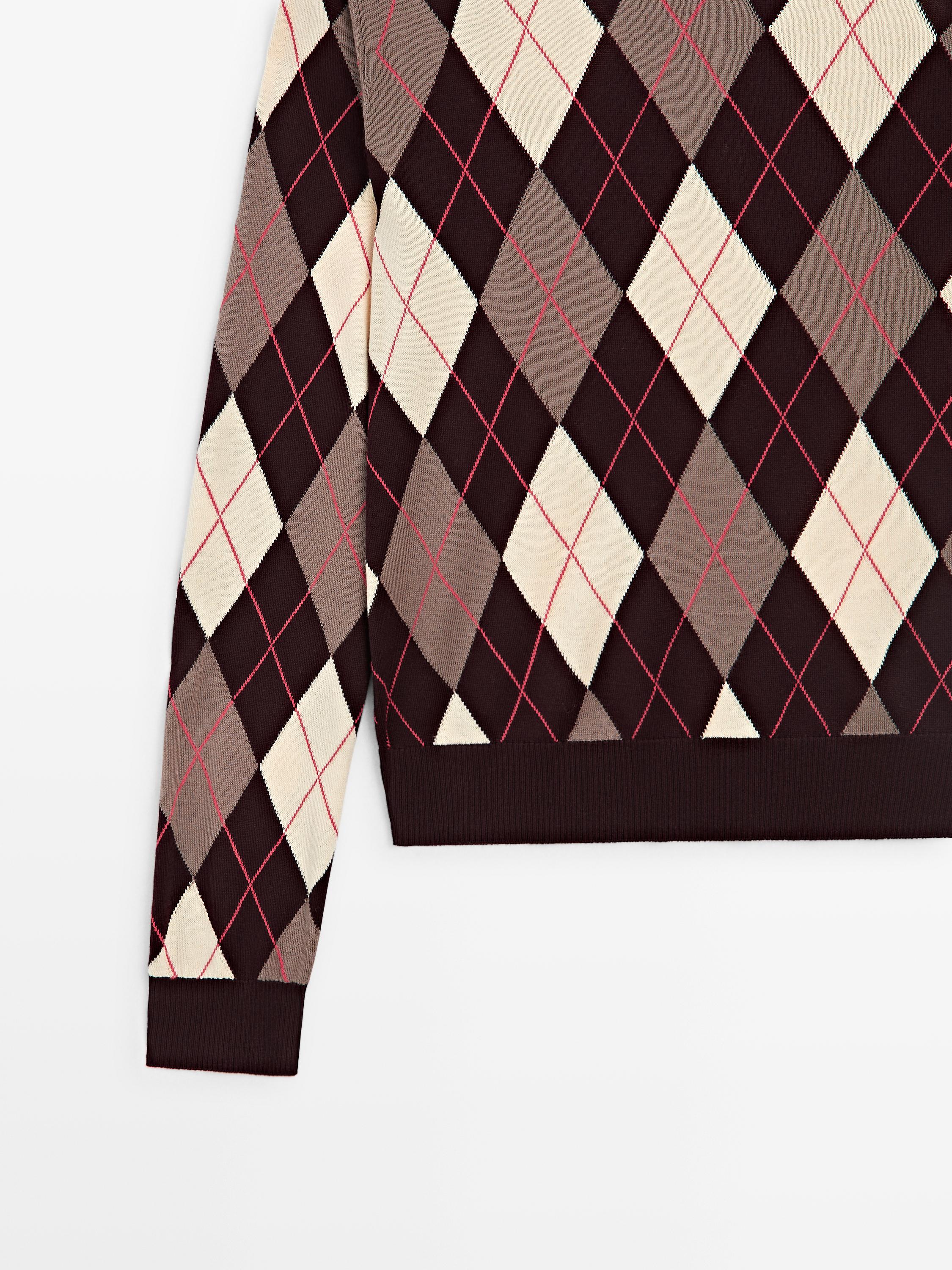 Cotton knit sweater with argyle detail