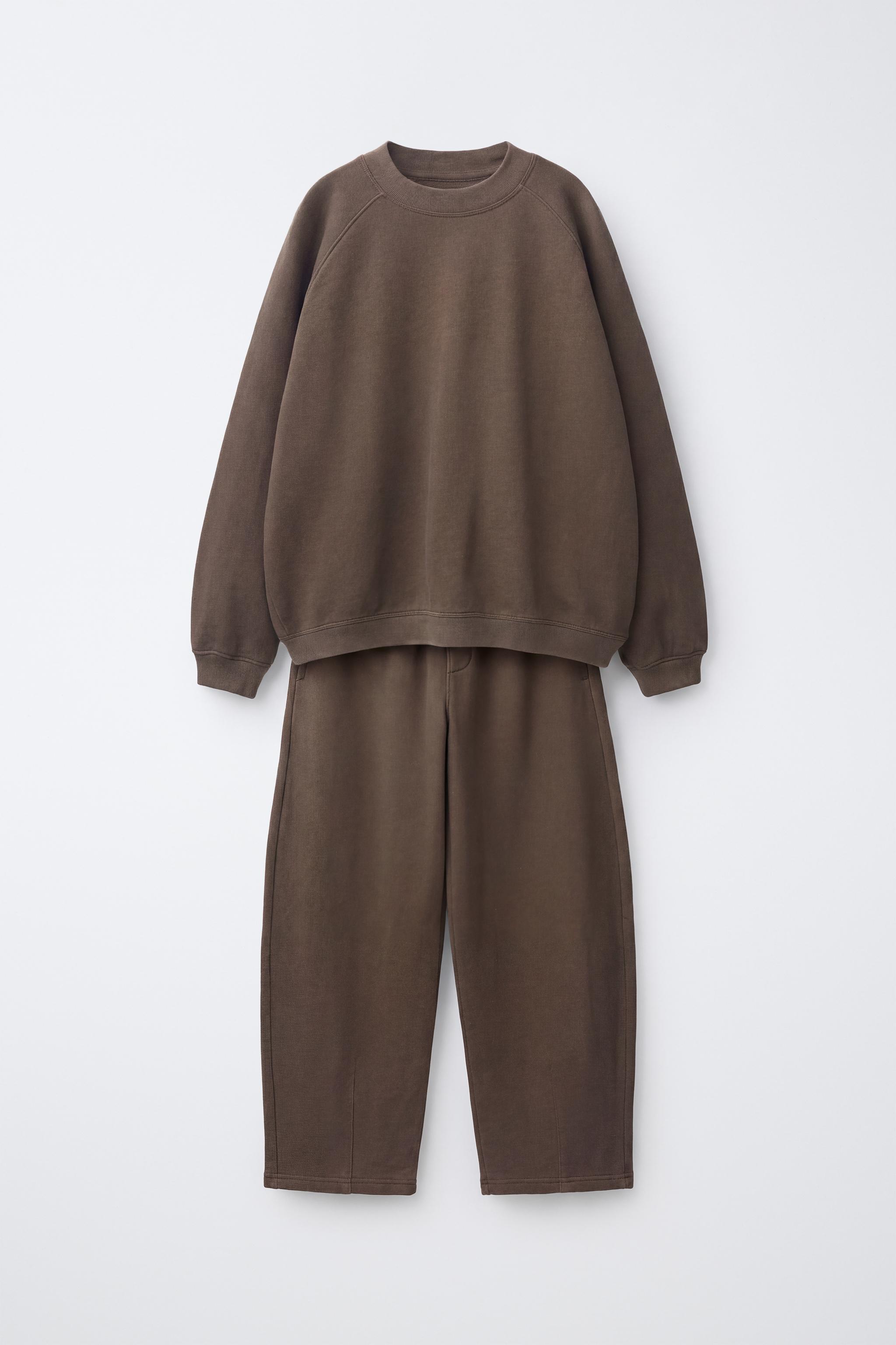 SOLID BALLOON-FIT SWEATSHIRT AND PANTS SET — Brown