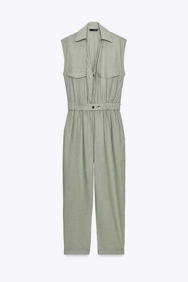 LINEN BLEND BELTED JUMPSUIT - Light khaki by Zara