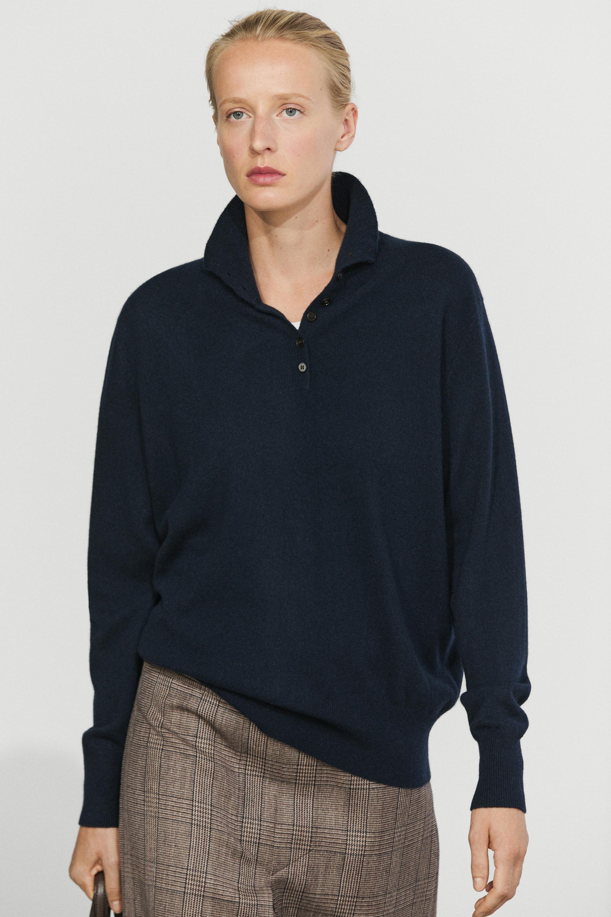High neck knit sweater with button detail — Navy blue