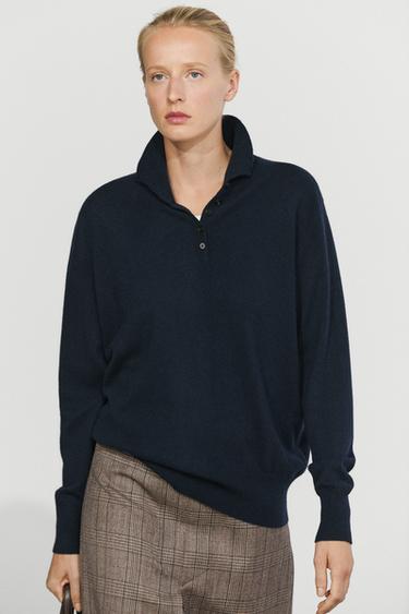 High neck knit sweater with button detail — Navy blue 2