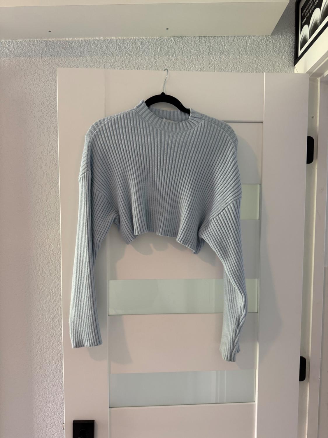 Front view of a light blue ribbed knit high-neck cropped sweater.