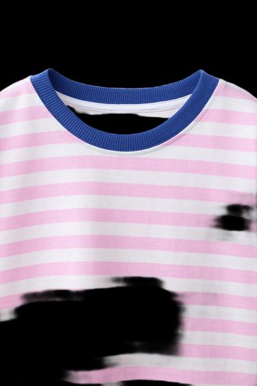 Zara HEAVY WEIGHT STRIPED T-SHIRT - Pink / White