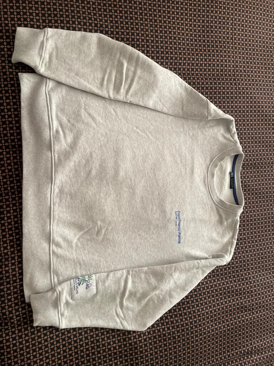 Grey sweatshirt against a patterned background. Features the text “Experimental Forms Special Collab” on the chest and a patch reading “ELLO VELHO”.
