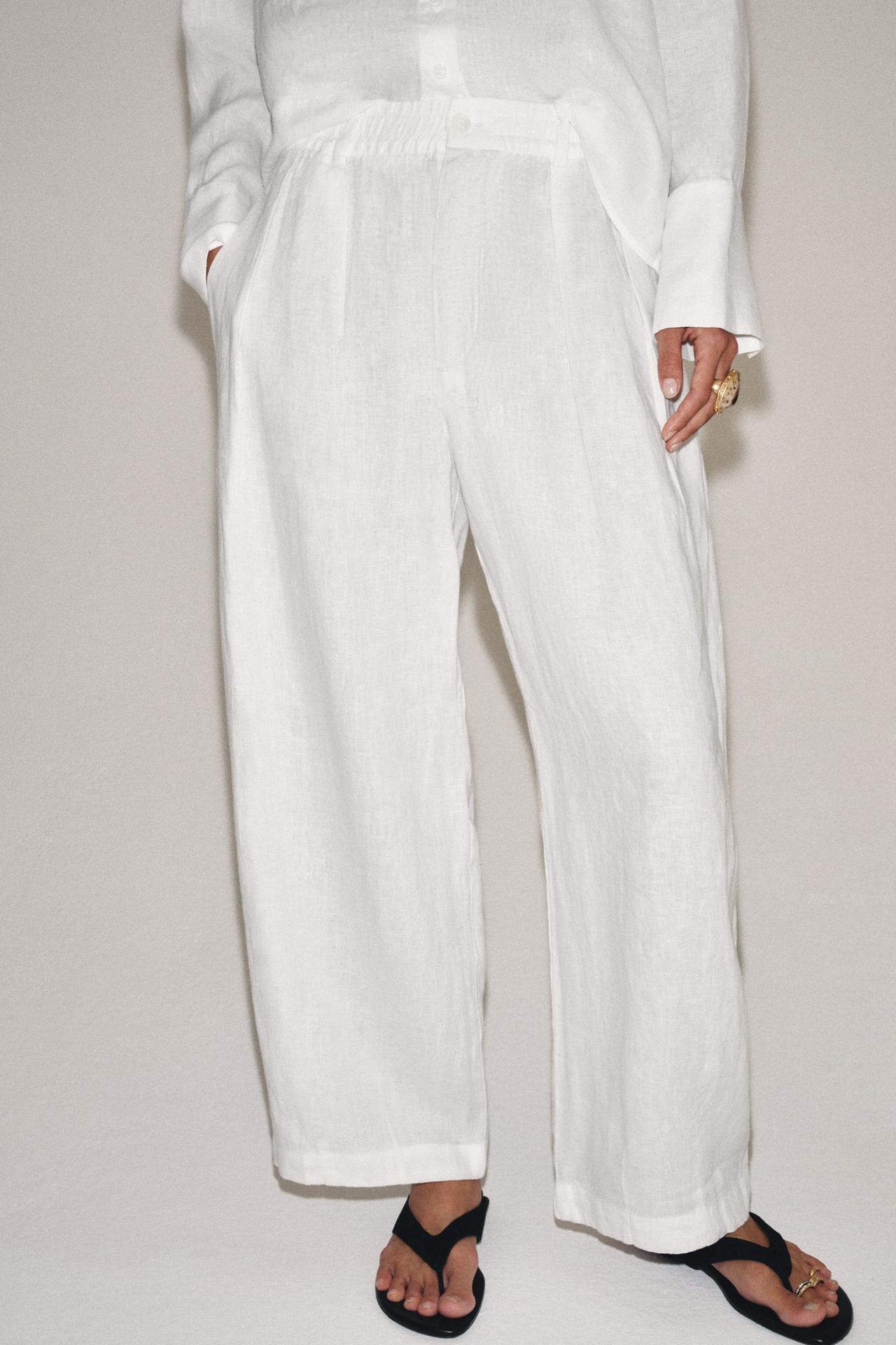 100% LINEN PLEATED PANTS ZW COLLECTION — White