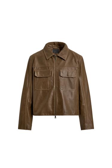 Zara TOPSTITCHED LEATHER JACKET - Taupe