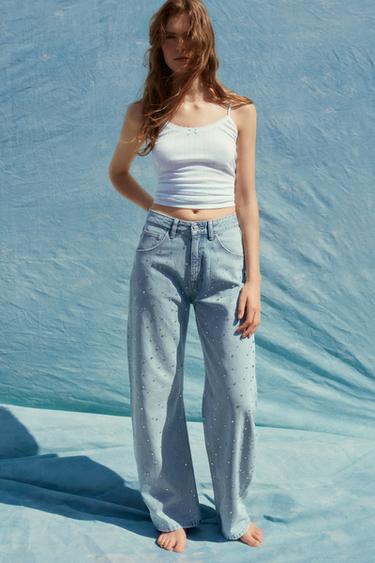 TRF CURVED RHINESTONE HIGH-WAIST JEANS - Light blue by Zara