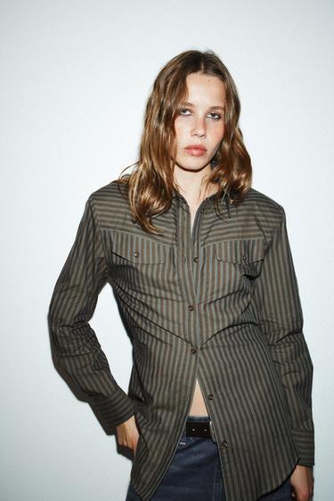 STRIPED POPLIN SHIRT - Brown-Blue by Zara