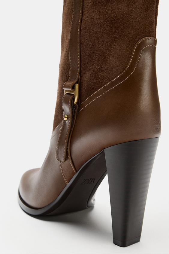BOTTES TALONS COMBINÉES CUIR - Marron de Zara - Image 4