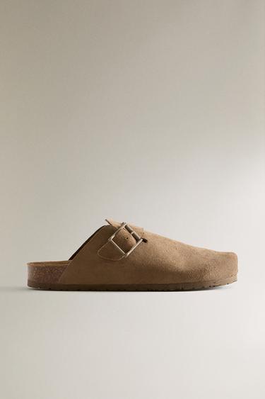 LEATHER CLOGS WITH BUCKLE AND TOPSTITCHING DETAIL - Коричневий Zara