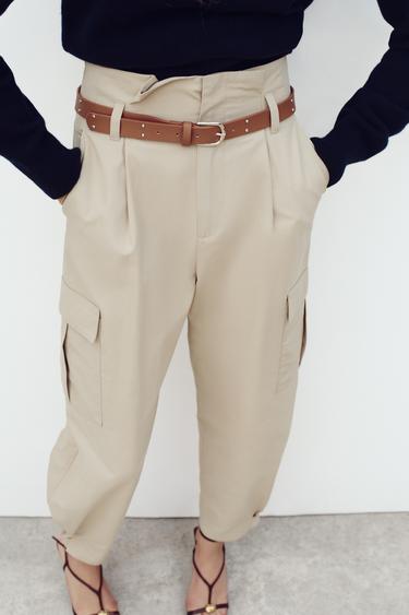PAPERBAG-CARGOHOSE MIT GÜRTEL - Helles Khaki von Zara