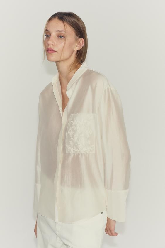ZW COLLECTION EMBROIDERED POCKET SHIRT - Oyster-white by Zara - Image 2