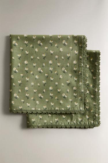 Zara SET OF DAISY COTTON NAPKINS (SET OF 2) - Green