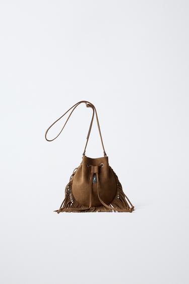 Zara FRINGED BUCKET BAG - Brown