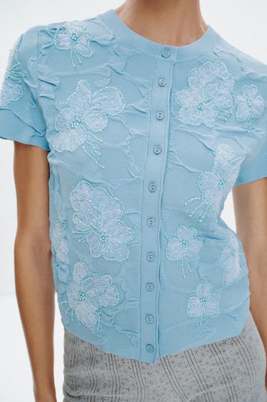 BEADED KNIT CARDIGAN - Light blue by Zara