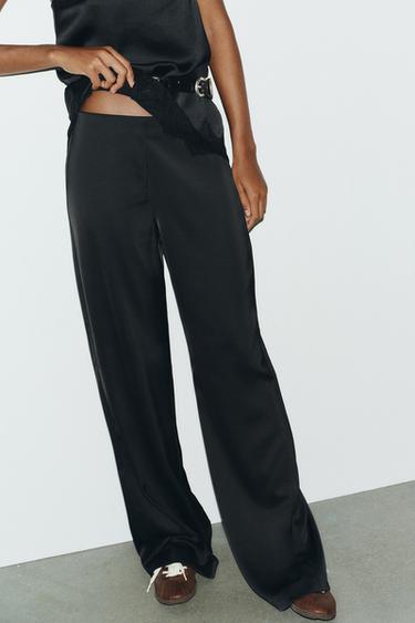 Zara HIGH-WAISTED SATIN PANTS - Black