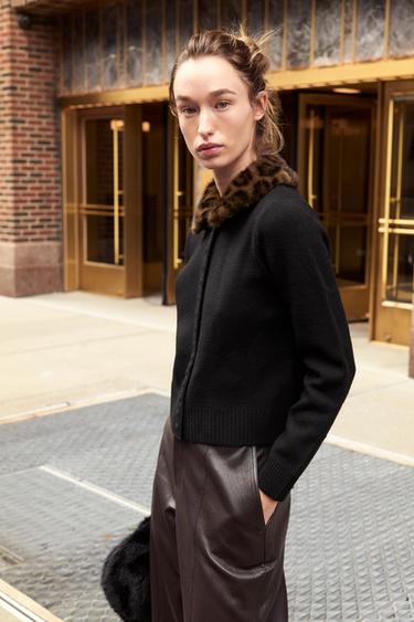 CASACO DE MALHA DE GOLA COM EFEITO DE PELO - Preto da Zara