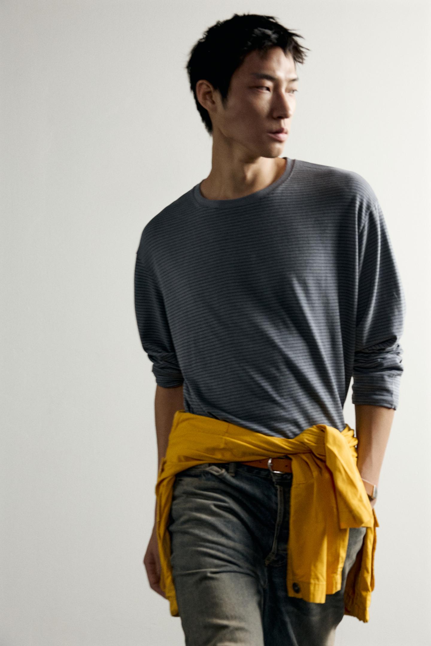 Футболка Zara Cotton-Modal Striped, цвет: Серый — фото 6