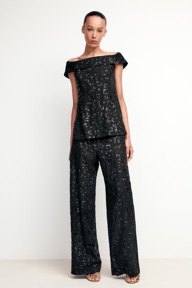 Zara SEQUIN VOLUME PANTS - Black